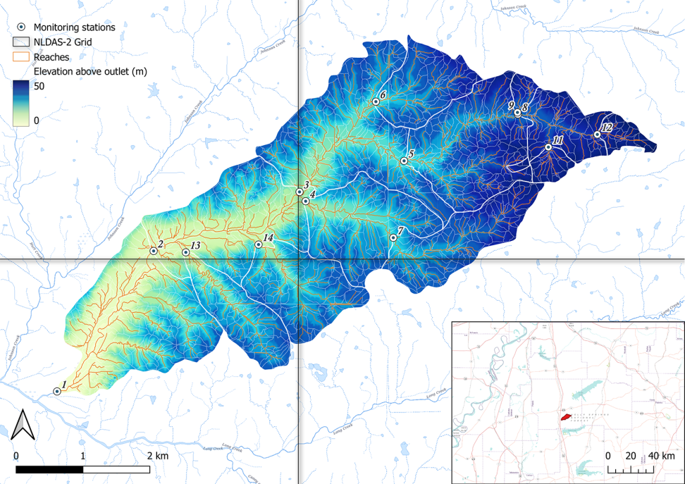 A topographical map of the Goodwin Creek Watershed in Mississippi. Portions of the map are colored in shades of blue to green to show increasing elevation above a water outlet.