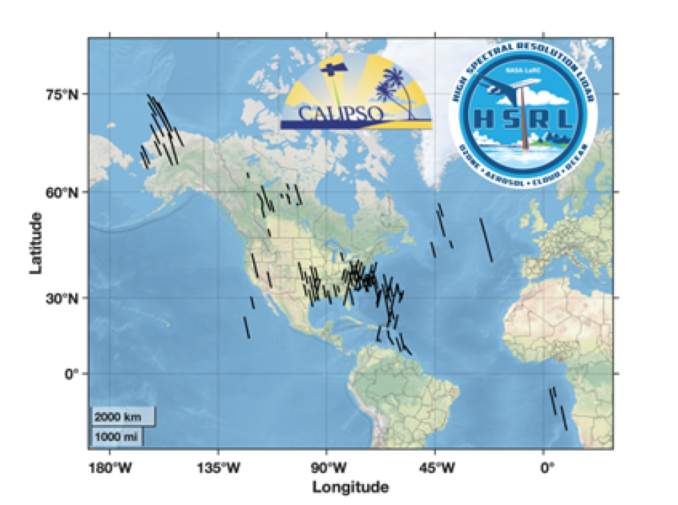 Image showing the locations on a map of the CALIPSO-HSRL underflights.