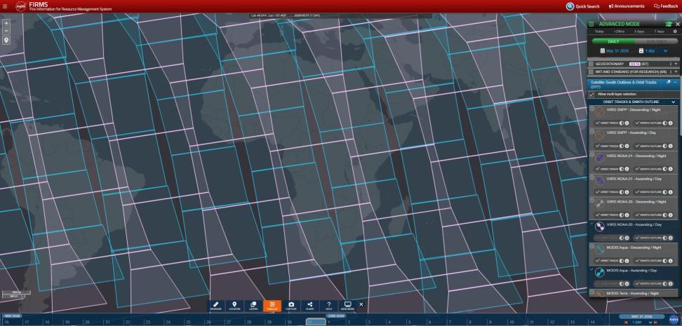 FIRMS swath outlines for Aqua MODIS and NOAA-20 VIIRS