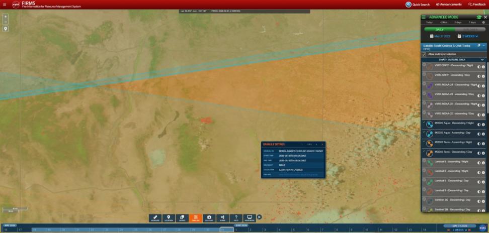 Swath outlines for both MODIS instruments near Capitan, New Mexico