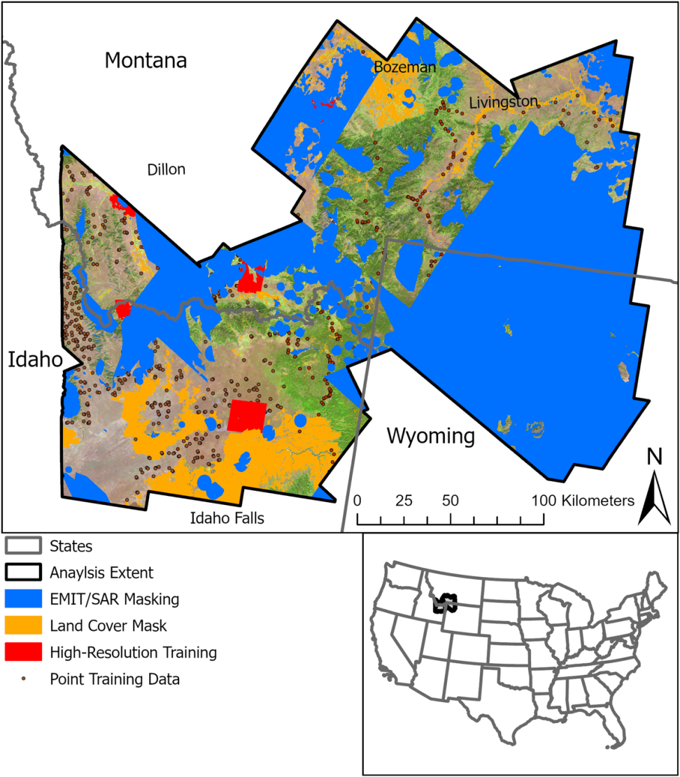 Pictured is satellite imagery of portions of Montana, Idaho, and Wyoming. Portions of the map are colored blue for areas of EMIT and SAR data masking. Yellow where there is landing cover masking. Red where high-resolution model training was used. Dots for training point data. And white to show the total area of analysis extent. The bottom of the map includes a smaller map of the United States to show the study area location where Idaho, Montana, and Wyoming meet.