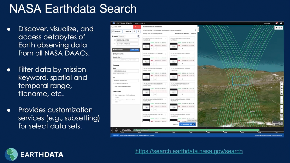 Webinar screenshot listing methods to acquire Earthdata files