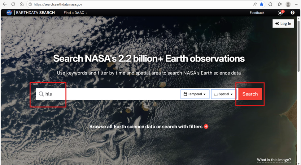 Sceenshot of the NASA Earthdata Search homepage, with "HLS" typed into the search bar