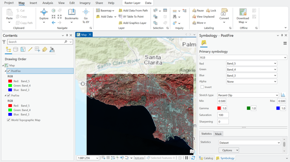 Screenshot of an Esri ArcGIS Pro project, with the “Symbology” tool open and the Stretch type set to "Percent Clip"