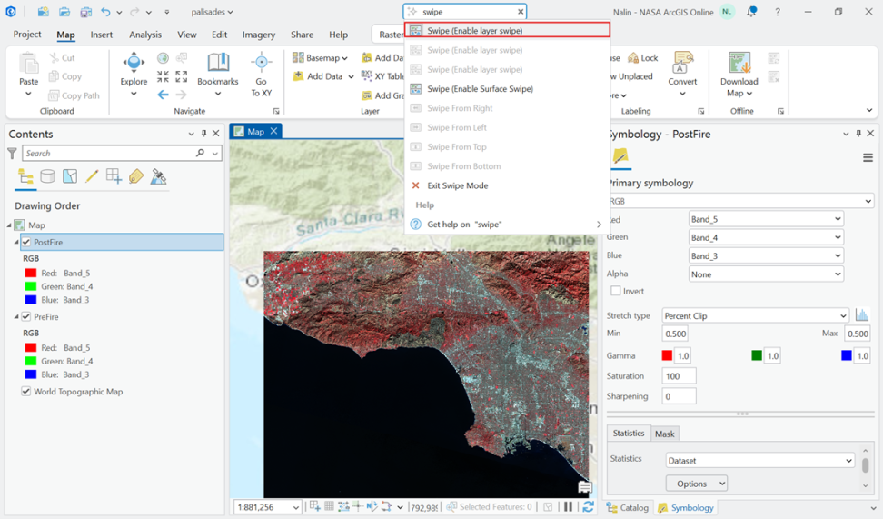 Screenshot of an Esri ArcGIS Pro project, with the “Swipe (Enable layer swipe)” feature emphasized 