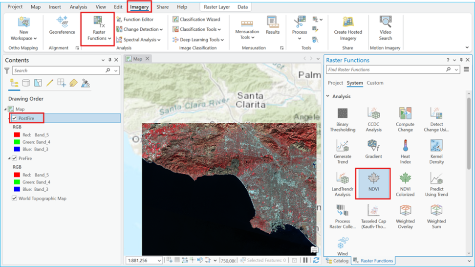 Screenshot of an Esri ArcGIS Pro project with the "NDVI" tool, which is located under "Raster Functions", emphasized