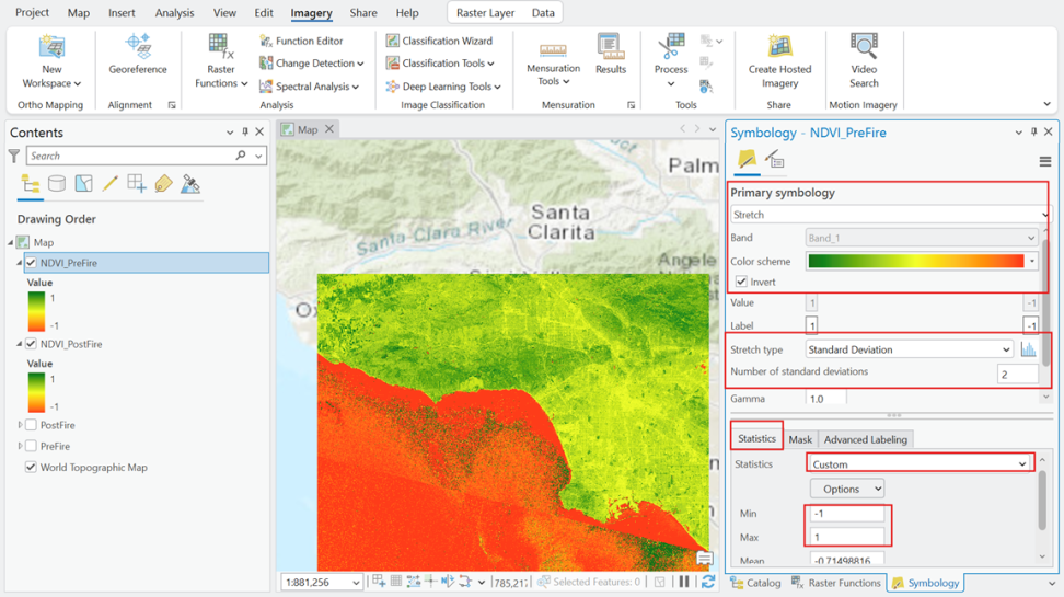 Screenshot of an Esri ArcGIS Pro project with the "Symboogy" pane open and certain fields emphasized