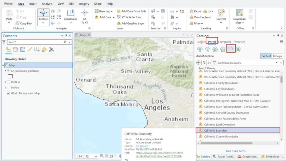 Screenshot of an Esri ArcGIS Pro project with "California boundary" searched for on the ArcGIS Online platform