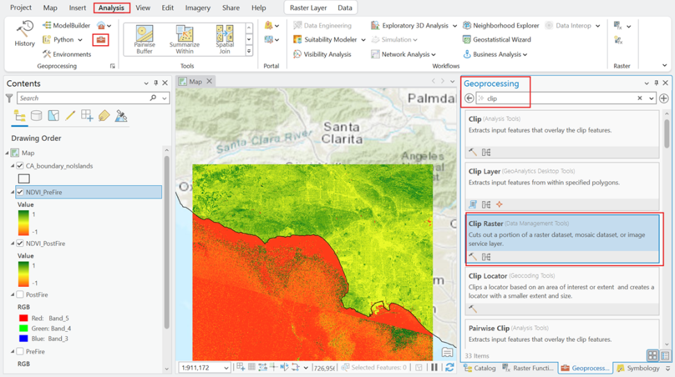 Screenshot of an Esri ArcGIS Pro project with the "Clip Raster" tool within the "Geoprocessing" tools pane emphasized