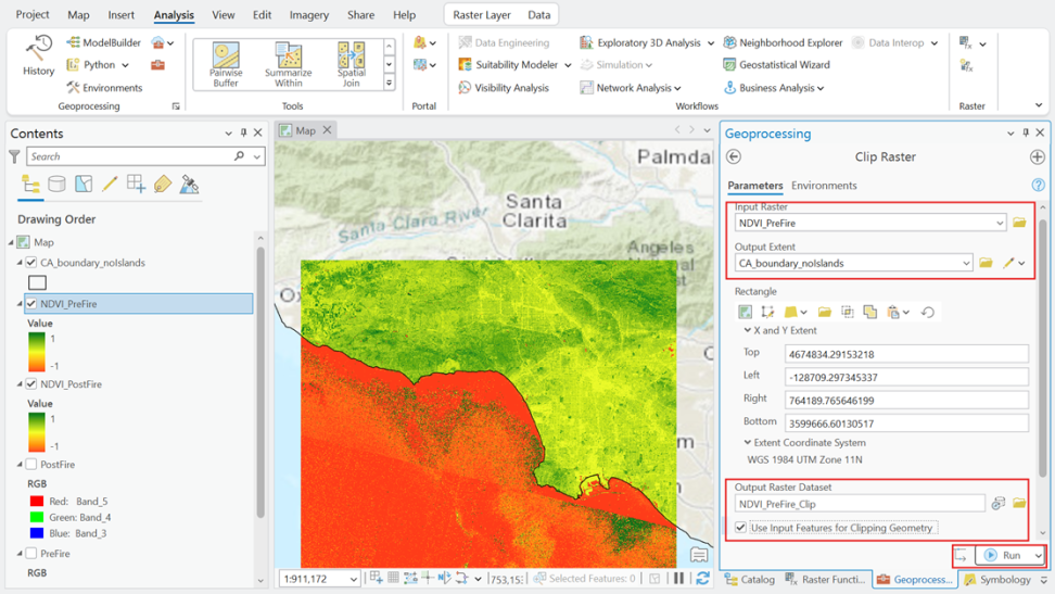 Screenshot of an Esri ArcGIS Pro project with the options for the "Clip Raster" geoprocessing tool filled in