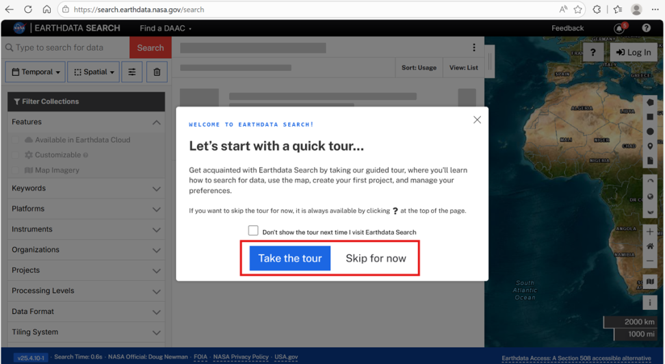 Screenshot of the NASA Earthdata Search Platform, with the pop-up box "Let's start with a quick tour..." open on screen.