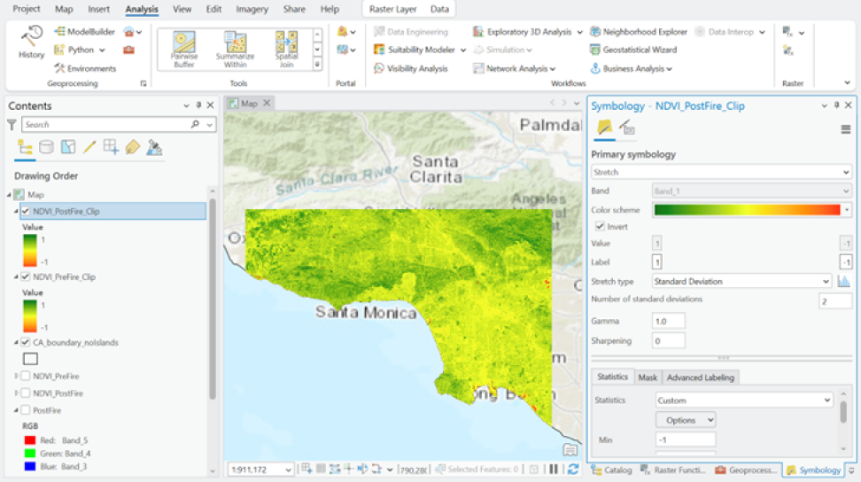 Screenshot of an Esri ArcGIS Pro project, with the resulting clipped NDVI HLS raster displayed in the map pane 
