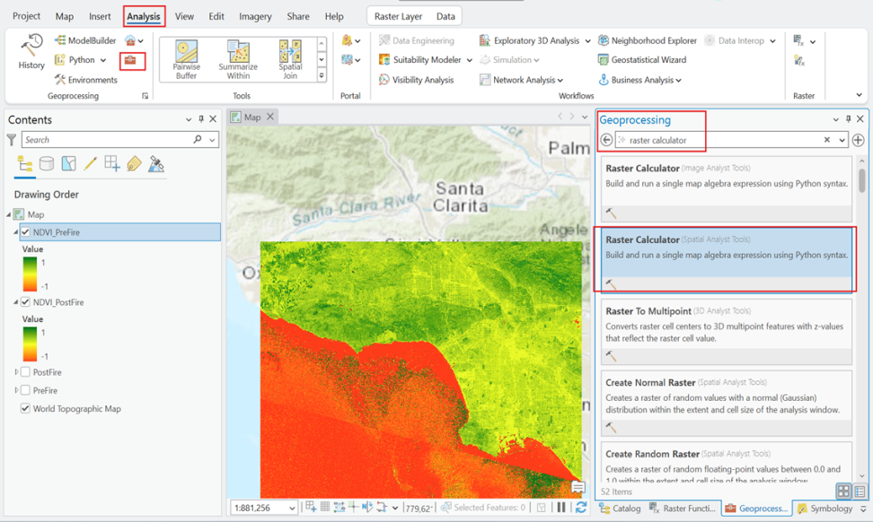 Screenshot of an Esri ArcGIS Pro project with the "Geoprocessing" pane open and the "Raster Calculator" tool searched for and emphasized 