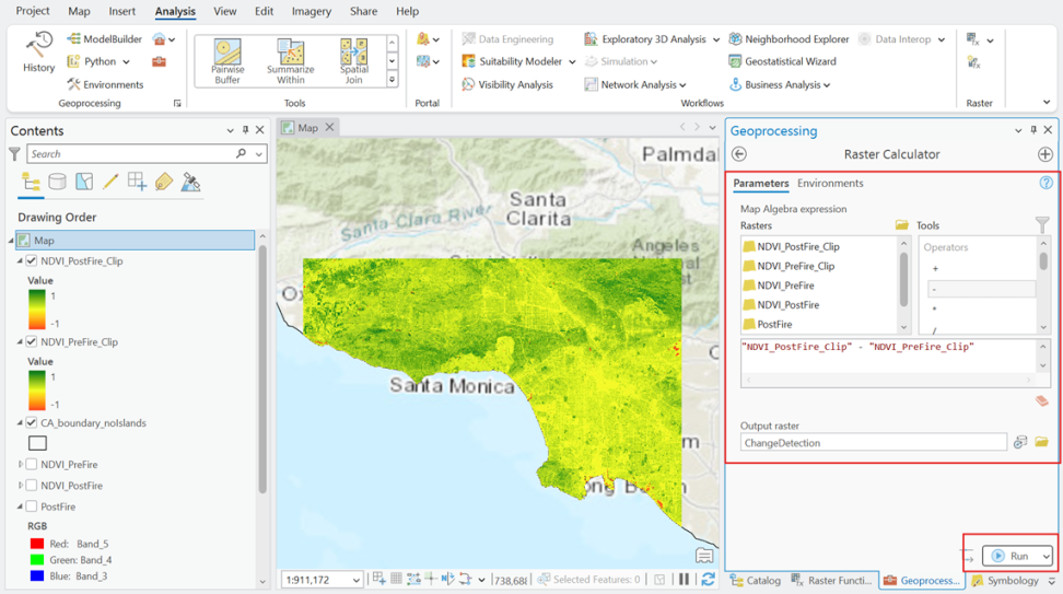 Screenshot of an Esri ArcGIS Pro project with the "Raster Calculator" tool open with its fields filled in per the instructions