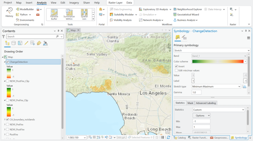 Screenshot of an Esri ArcGIS Pro project with the Symbology pane open to configure the just created "ChangeDetection" layer
