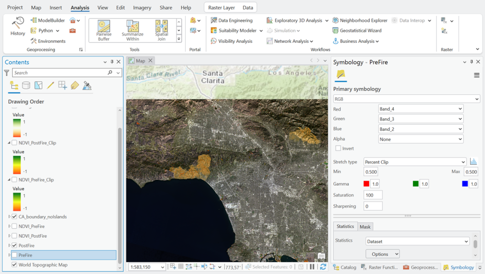 Screenshot of the GIS program ArcGIS Pro displaying HLS data
