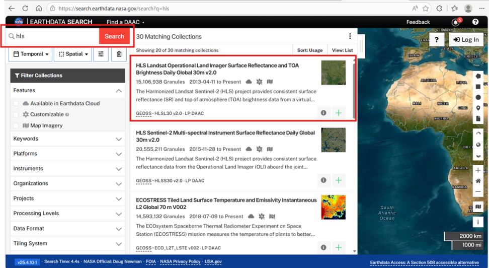 Screenshot of the NASA Earthdata Search Platform with "HLS" in the search bar and the collection HLS Landsat Operational Land Imager Surface Reflectance and TOA Brightness Daily Global 30m v2.0" emphasized 