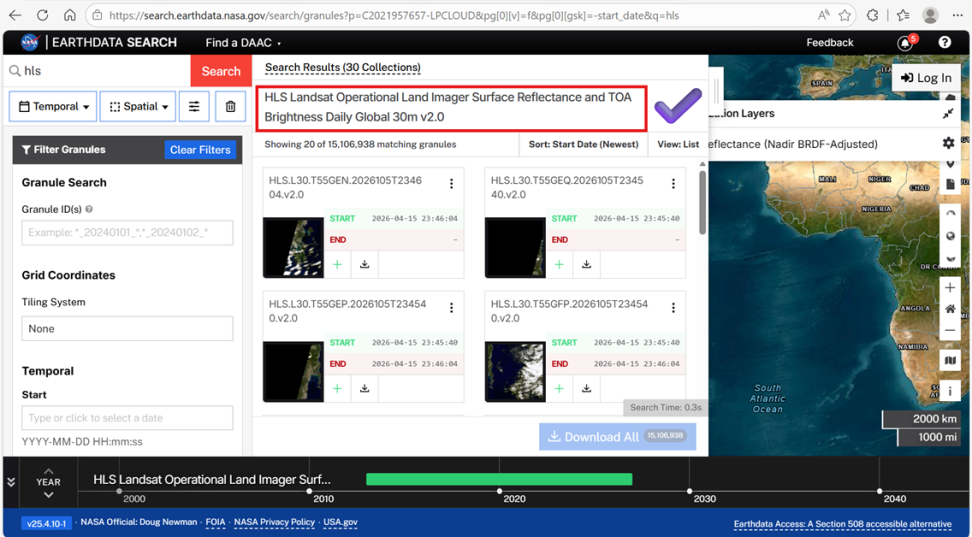 Screenshot of the NASA Earthdata Search Platform, with the collection “HLS Landsat Operational Land Imager Surface Reflectance and TOA Brightness Daily Global 30m v2.0” selected