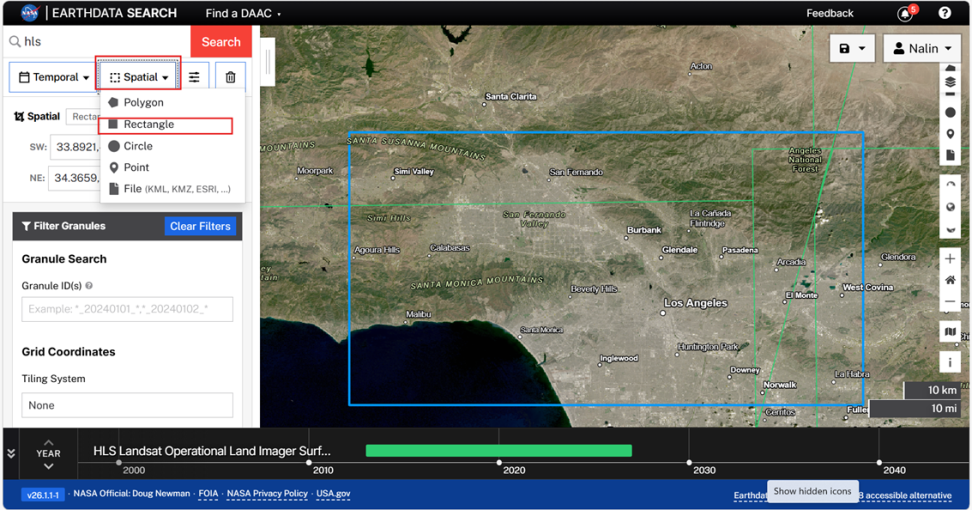 Screenshot of the NASA Earthdata Search Platform, with the map zoomed in on and a bounding box drawn around the the Santa Monica Mountains area outside of Los Angeles, California, in the United States. 
