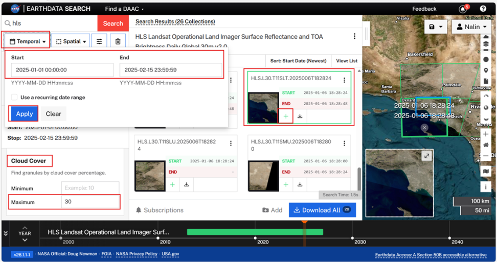 Screenshot of the NASA Earthdata Search Platform, with the Temporal and Cloud Cover filters set to the specified values