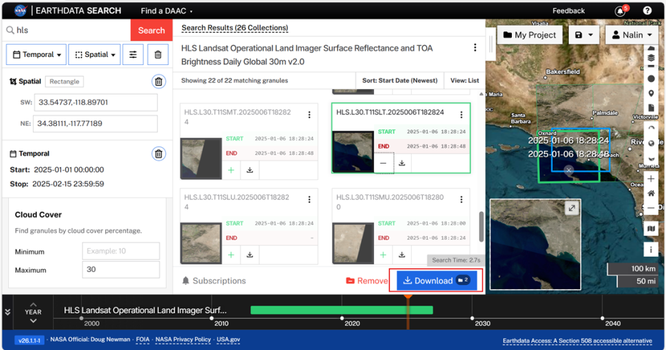 Screenshot of the NASA Earthdata Search Platform, with the blue "Download" button emphasized 