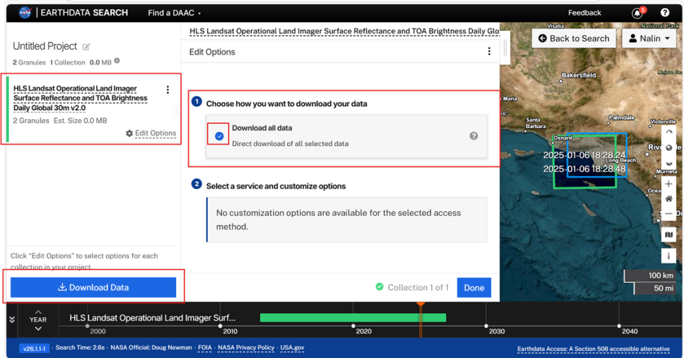 Screenshot of the NASA Earthdata Search Platform's download page