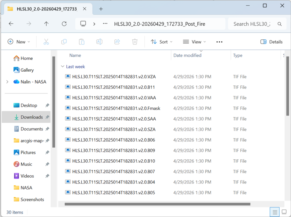 Screenshot of a computer's folder browser up, currently viewing the recently downloaded HLS data