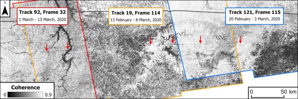 three black and white synthetic aperture radar images showing the faint path tornadoes took across portions of Tennessee.