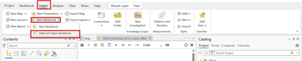 Screenshot of an ArcGIS Pro project toolbar, with the "Insert" option emphasized 