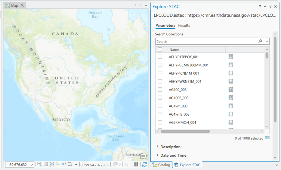 Screenshot of an ArcGIS Pro project with LPDAAC's STAC Catalog open