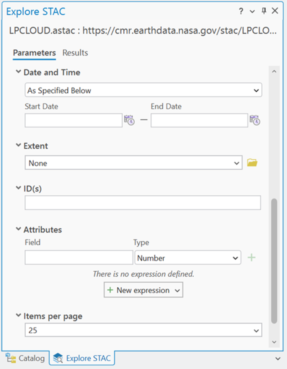 Screenshot of the "Explore STAC" pane open within an ArcGIS Pro project