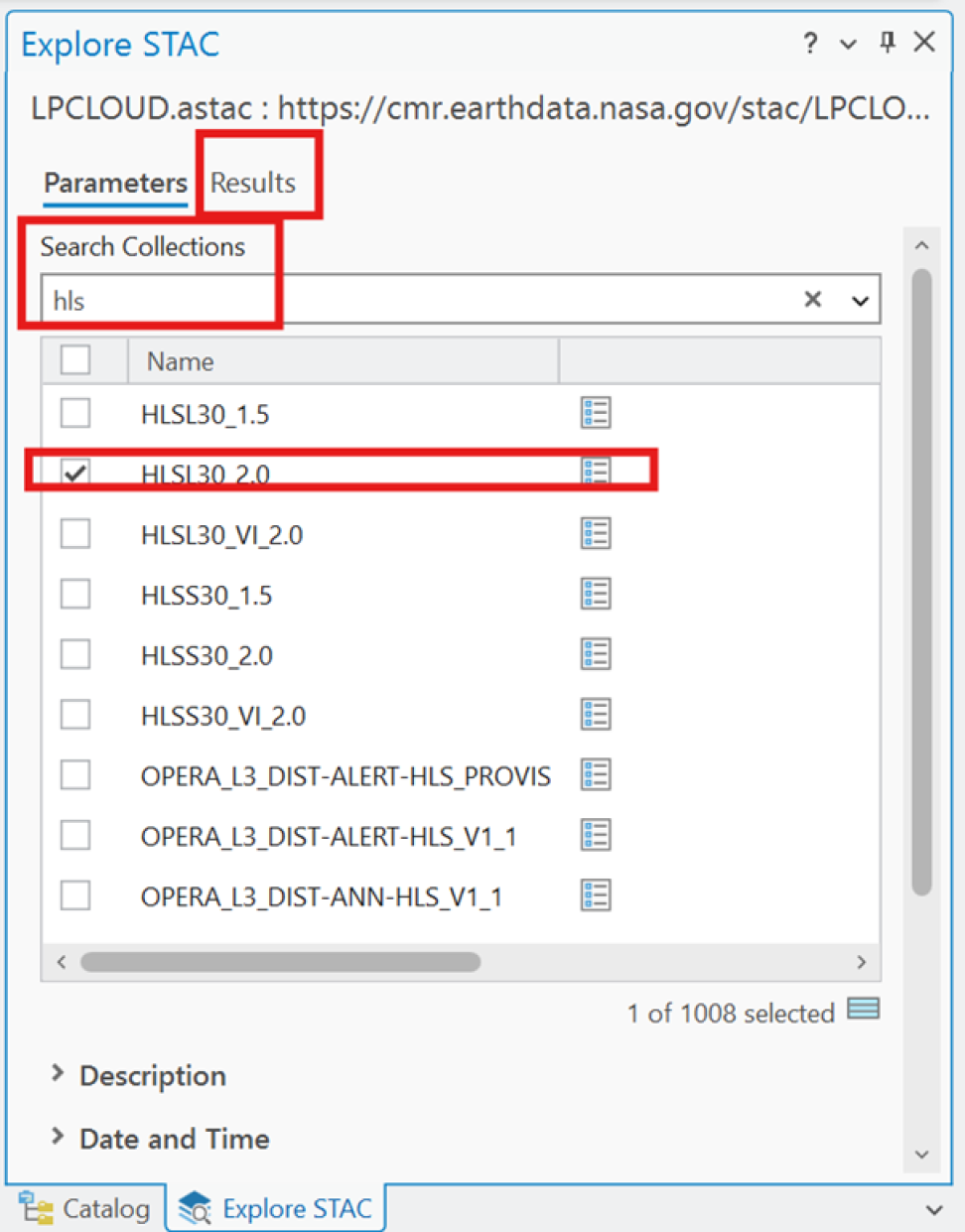 Screenshot of an ArcGIS Pro project, with "HLS" searched for by using "Search Collections" within the "Explore STAC" pane
