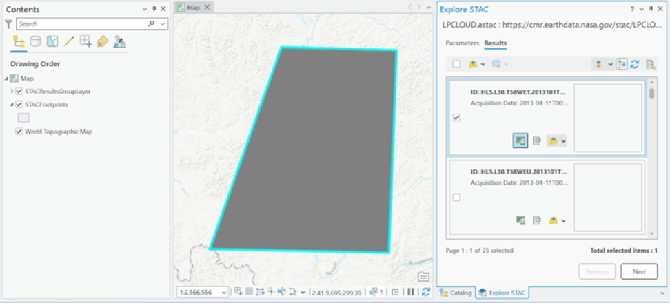 Screenshot of an ArcGIS Pro project with HLS data visualized in the map pane