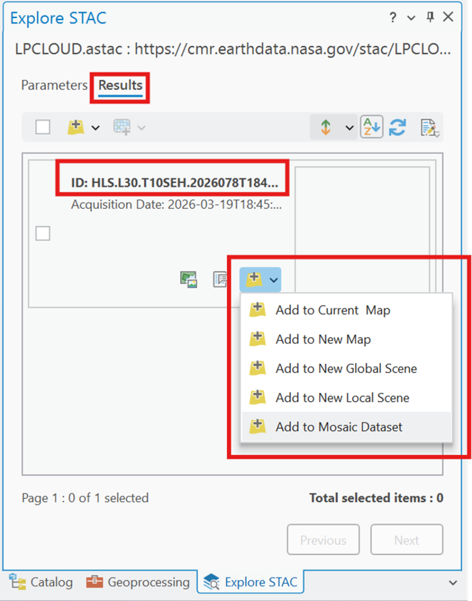 Screenshot of the "Explore STAC" pane open within an ArcGIS Pro project