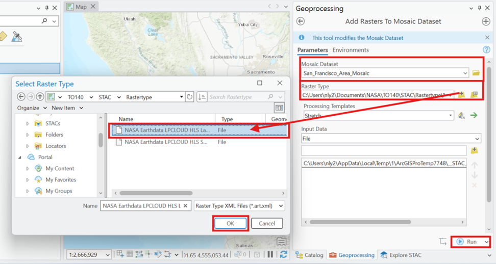 Screenshot of an ArcGIS Pro project with the "Add Rasters To Mosaic Dataset" Geoprocessing pane open