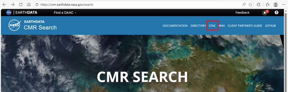 Screenshot of the Earthdata CMR Search homepage, with the "STAC" option emphasized