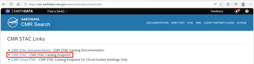 Screenshot of the CMR Search platform, with the "CMR STAC - CMR STAC Catalog Endpoint" emphased