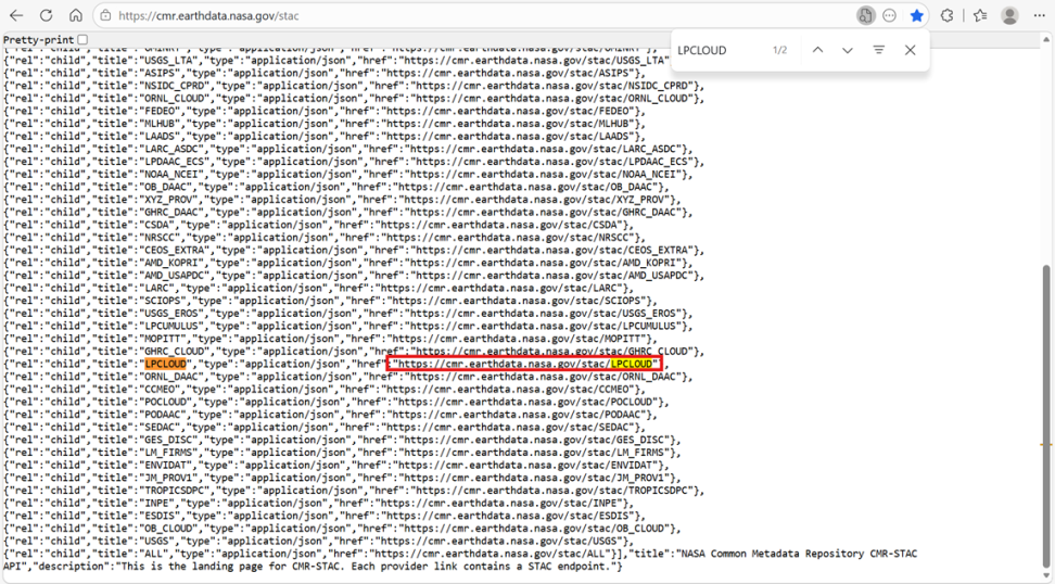 Screenshot of the CMR Search Platform, with the “LPCLOUD” STAC endpoint emphasized