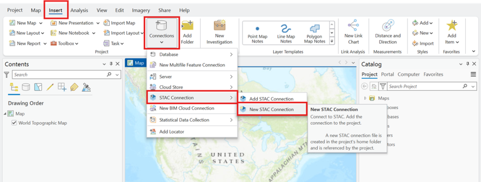 Screenshot of an ArcGIS Pro project, with menus open demonstrating where to find the "New STAC Connection" tool