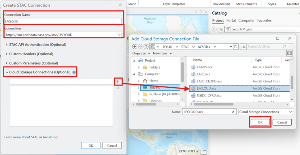 Screenshot of an ArcGIS Pro project with the "Create STAC Connection" tool correctly filled in