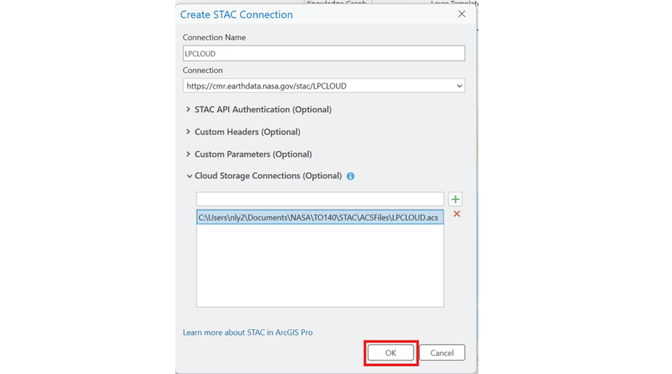 Screenshot of an ArcGIS Pro project with the "Create STAC Connection" tool open and correctly filled in