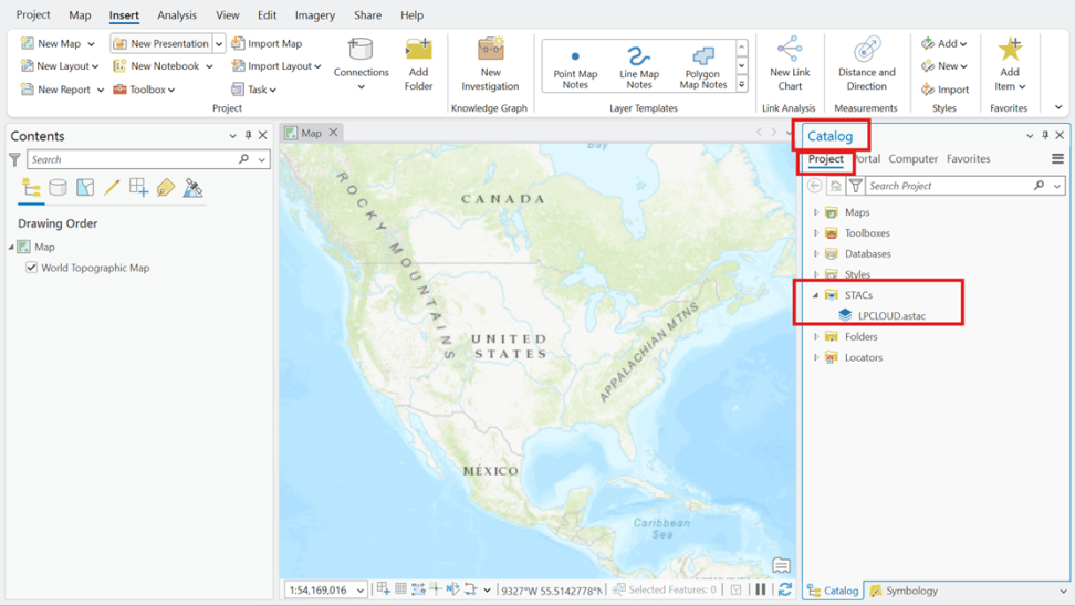 Screenshot of an ArcGIS Pro project with the “LPCLOUD.astac” connection with the "STACs" folder emphasized