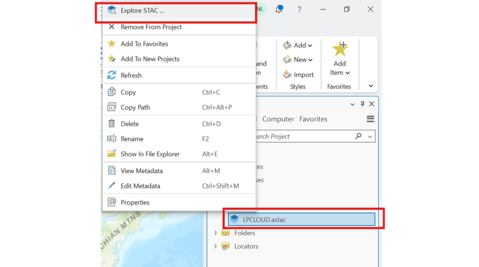 Screenshot of an ArcGIS Pro project, showing the menu that appears when you right click on the "LPCLOUD.astac" connection