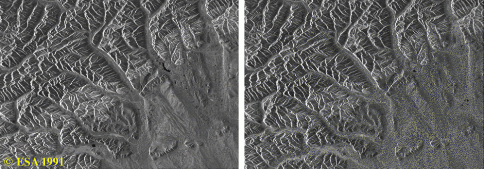 Early ERS-1 SAR imagery showing differences in soil moisture by the amount of backscatter 