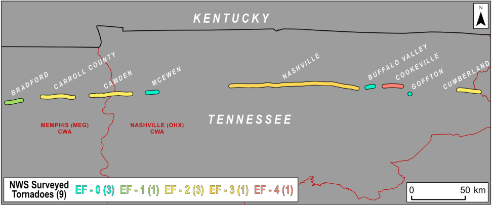 an illustration of the paths nine tornados took across Tennessee. The tornadoes travelled on roughly the same latitude, forming a broken east to west line across the state.