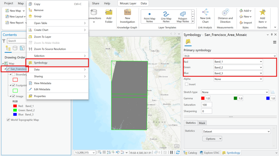 Screenshot of an ArcGIS Pro project, with HLS visualized in the map pane in grey scale over the area of San Francisco 
