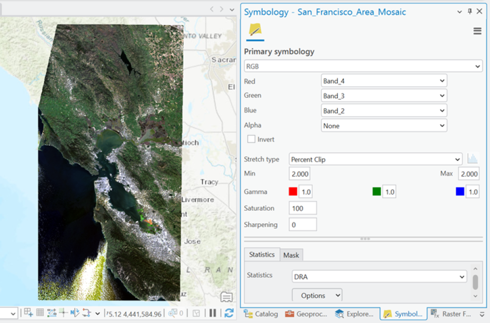 Screenshot of an ArcGIS Pro project, with the map pane displaying HLS data over the San Francisco area in true color
