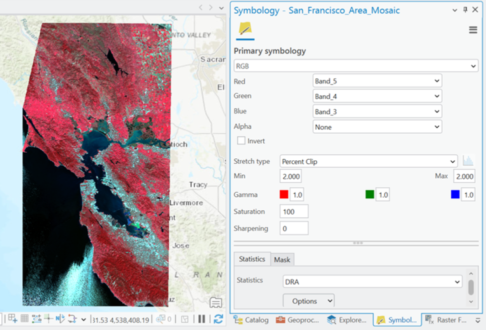 Screenshot of an ArcGIS Pro project, with the map pane displaying HLS data over the San Francisco area in false color