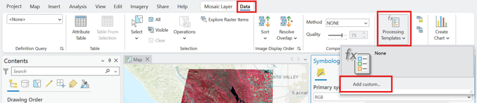 Screenshot of an ArcGIS Pro project, with the "Data" menu and "Processing Templates" emphasized 