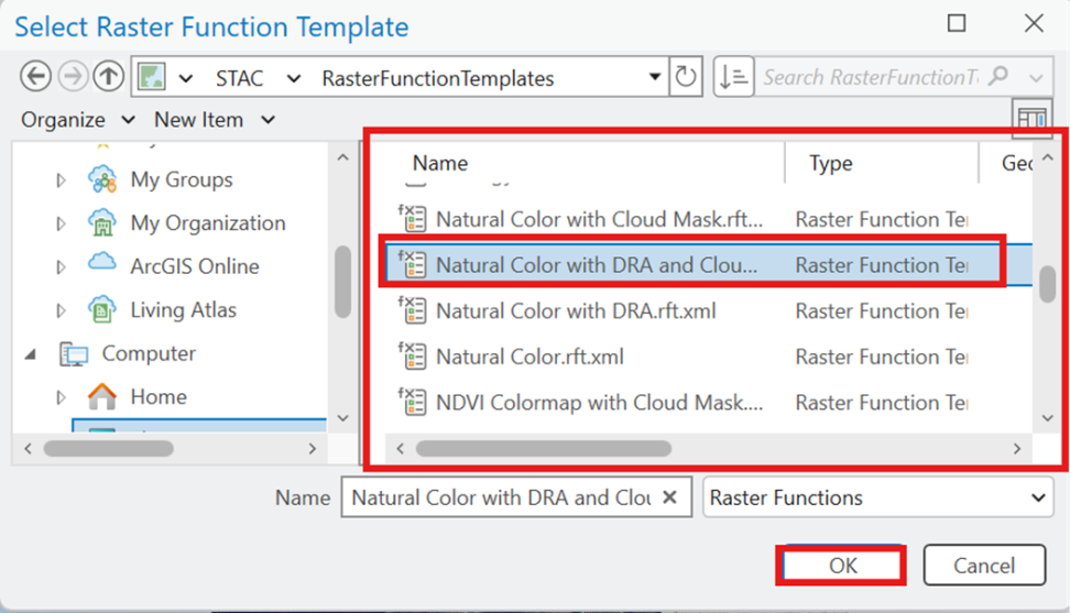 Screenshot of an ArcGIS Pro project's "Select Raster Function Template" tool pane open open 